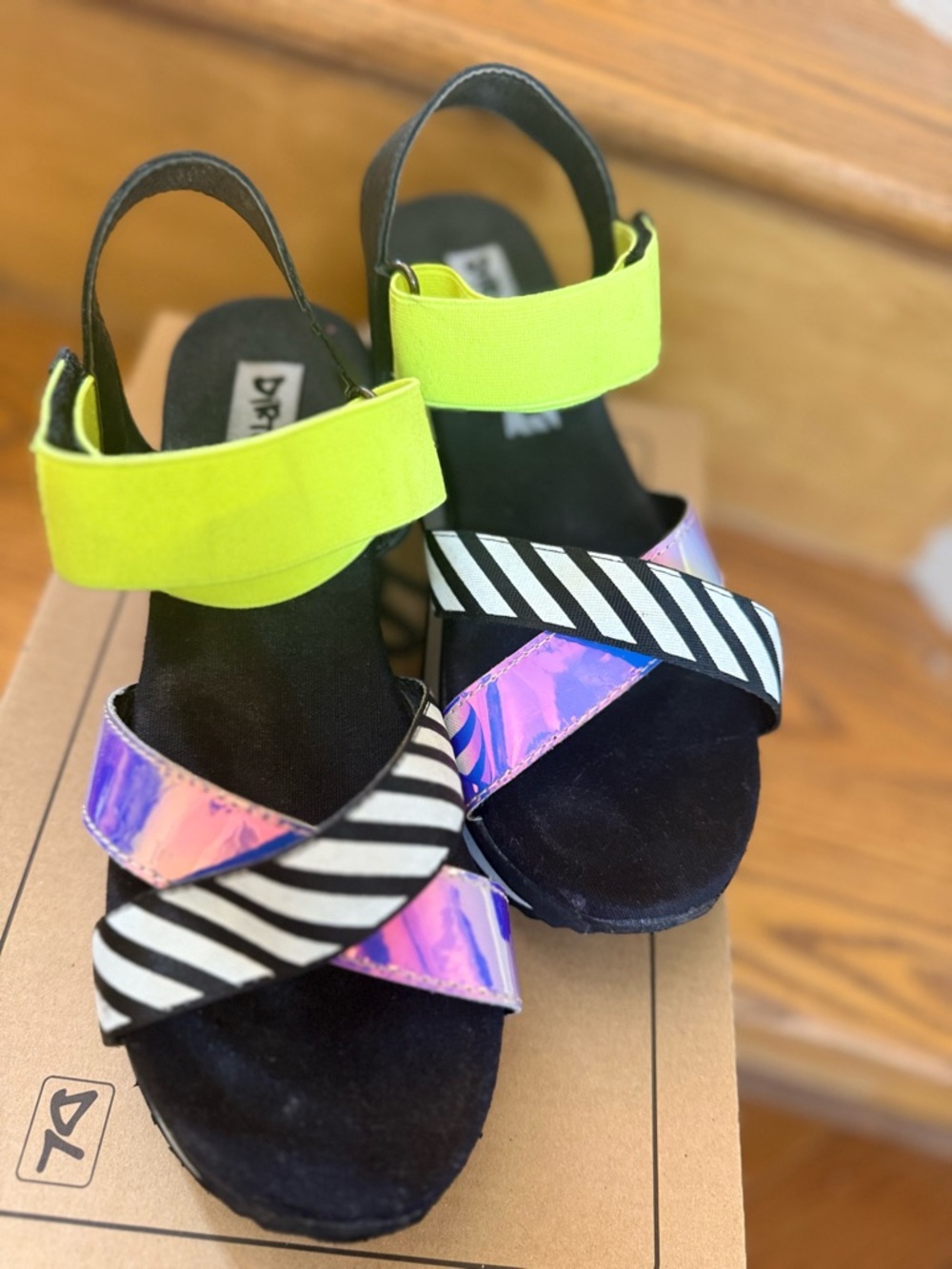 Dirty Laundry Neon Yellow, Black & White Striped Iridescent Wedge Sandals - Picture 4 of 6